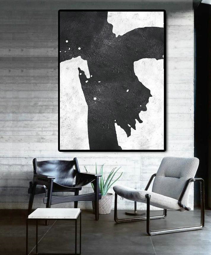 Hand Made Abstract Art,Black And White Minimal Painting On Canvas - Oversized Canvas Art Reading Room